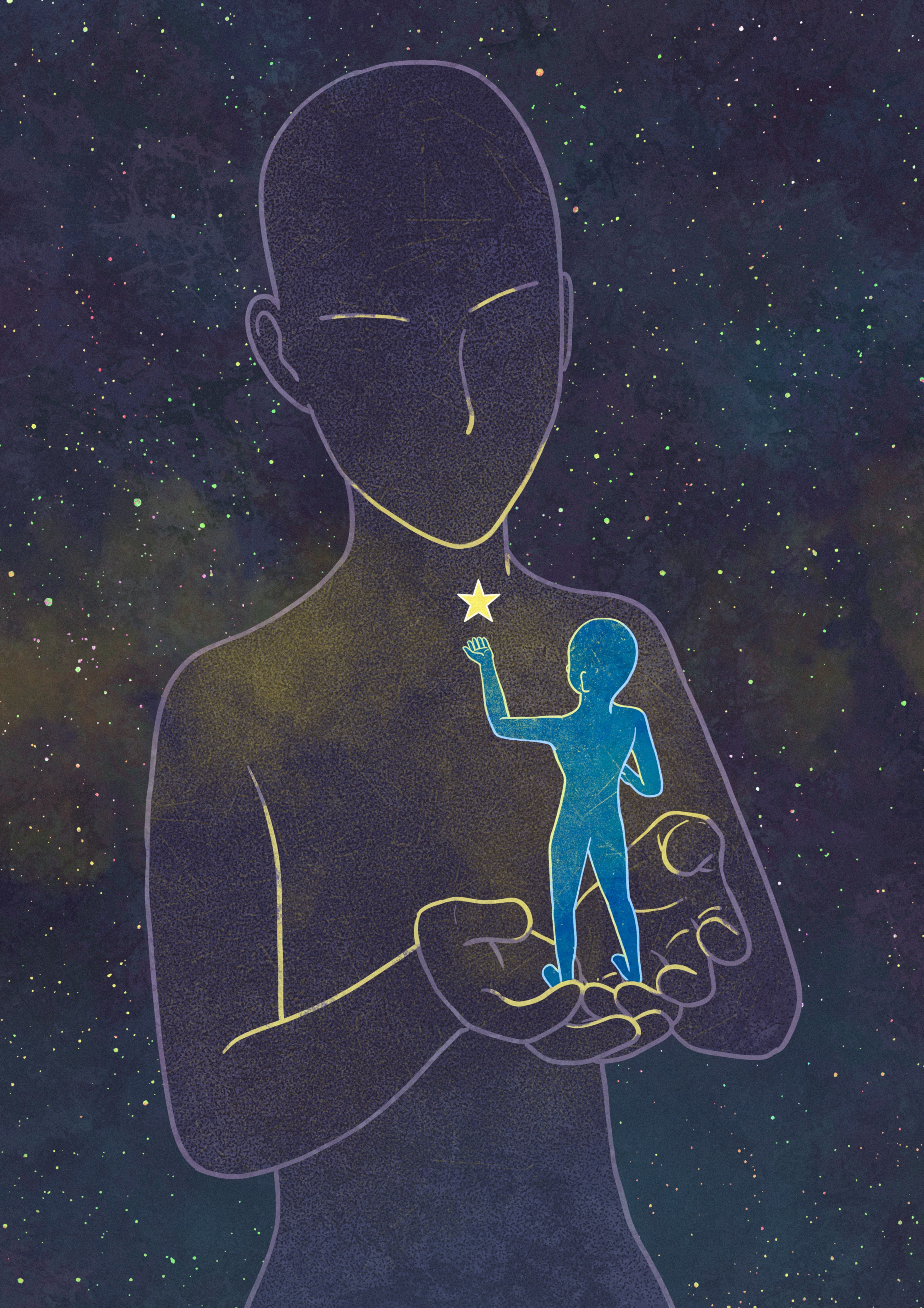 Cosmic illustration of a large celestial figure holding a smaller figure reaching for a glowing star
