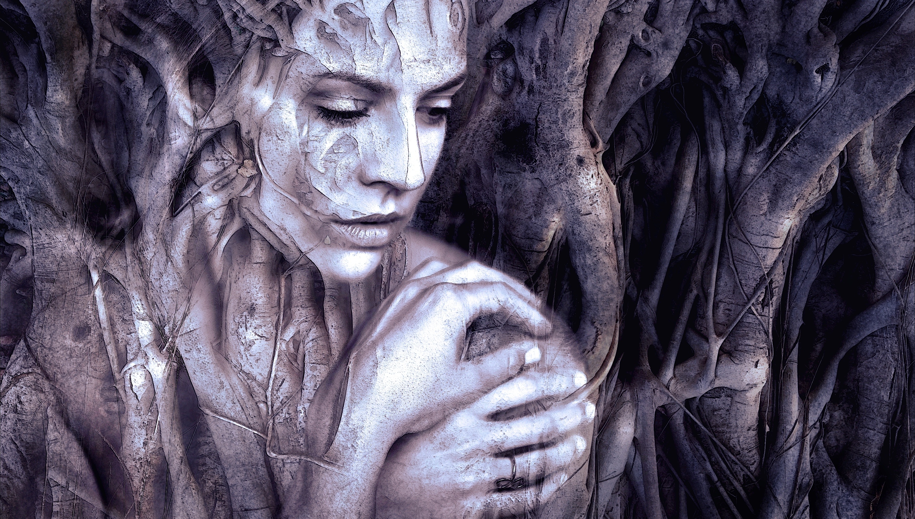 Mystical portrait of a figure intertwined with ancient tree roots, representing grounded clarity